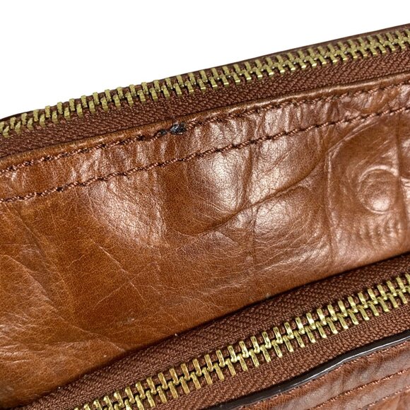 B MAKOWSKY Brown Leather Crossbody Handbag w/ Texture Gold Safety Pin Zip Pulls - Picture 2 of 16